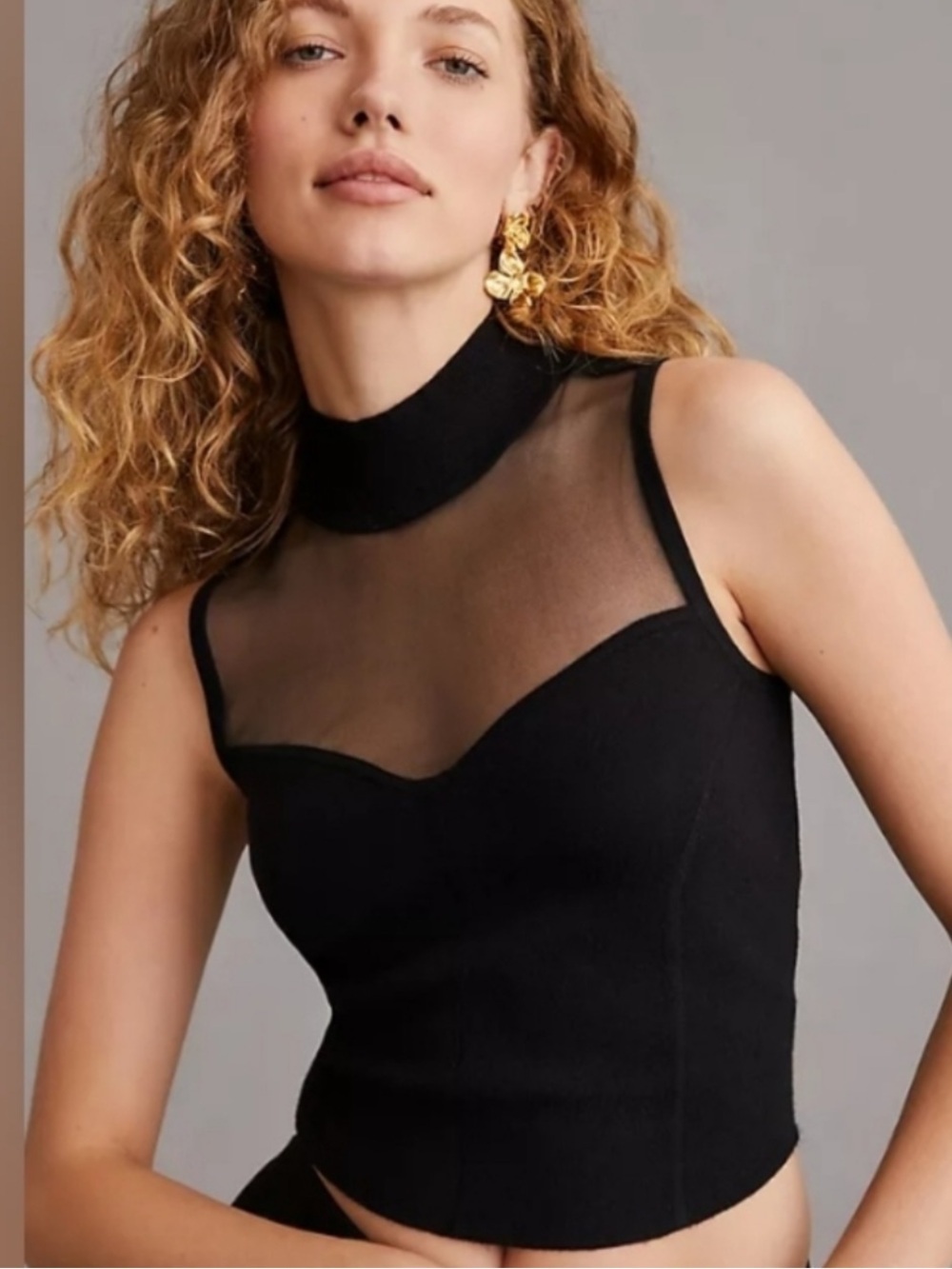 Anthropologie Black Mesh Mock Neck Sleeveless Corset Knit Top XS - Picture 1 of 4